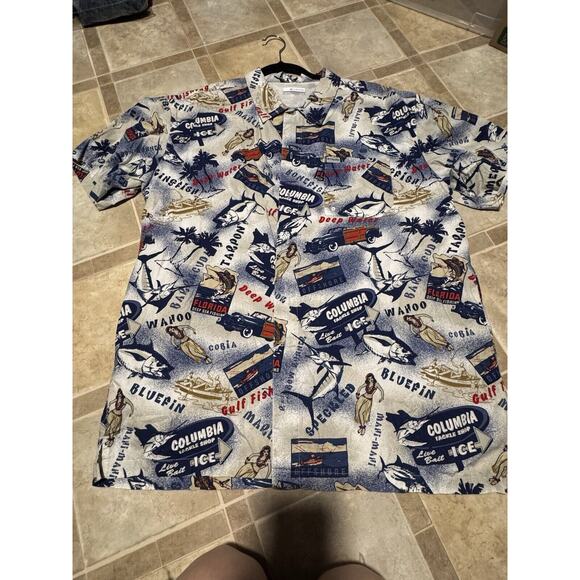 Columbia PFG Mens Blue Short Sleeve Button Up Tackle Shop Hula AOP Size XL - Picture 4 of 6